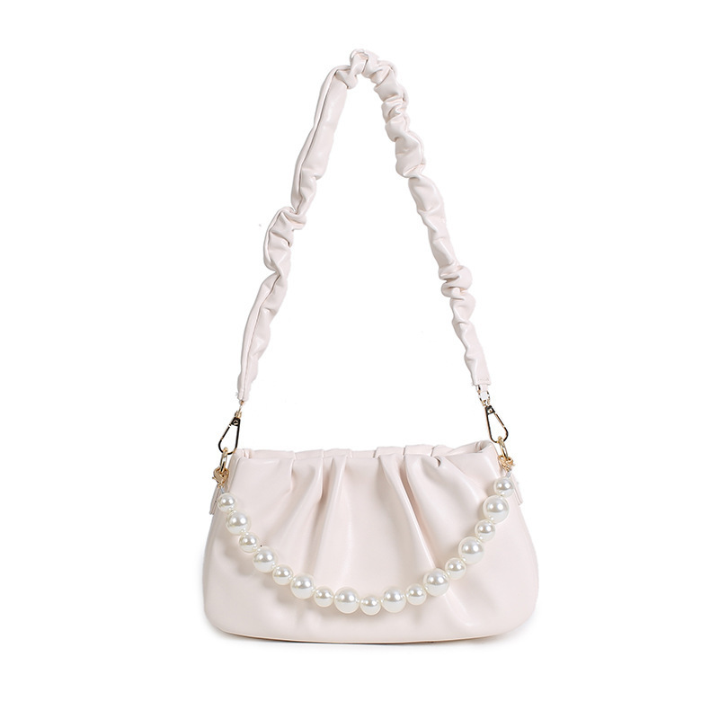 for Women New High-End White Pleated Cloud Ins Popular Pearl Handbag Underarm Shoulder Bag