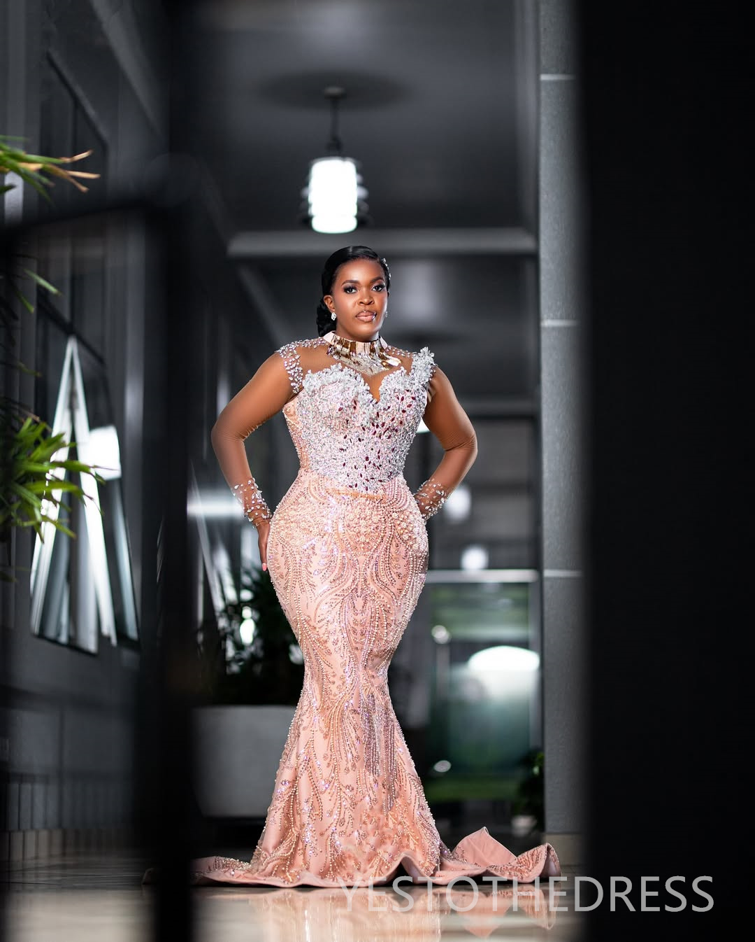 2025 Plus Size Prom Dress Evening Dresses For Black Women High Neck Long Sleeves Beaded Lace Shining Mirror Sequins Birthday Dress Second Reception Go