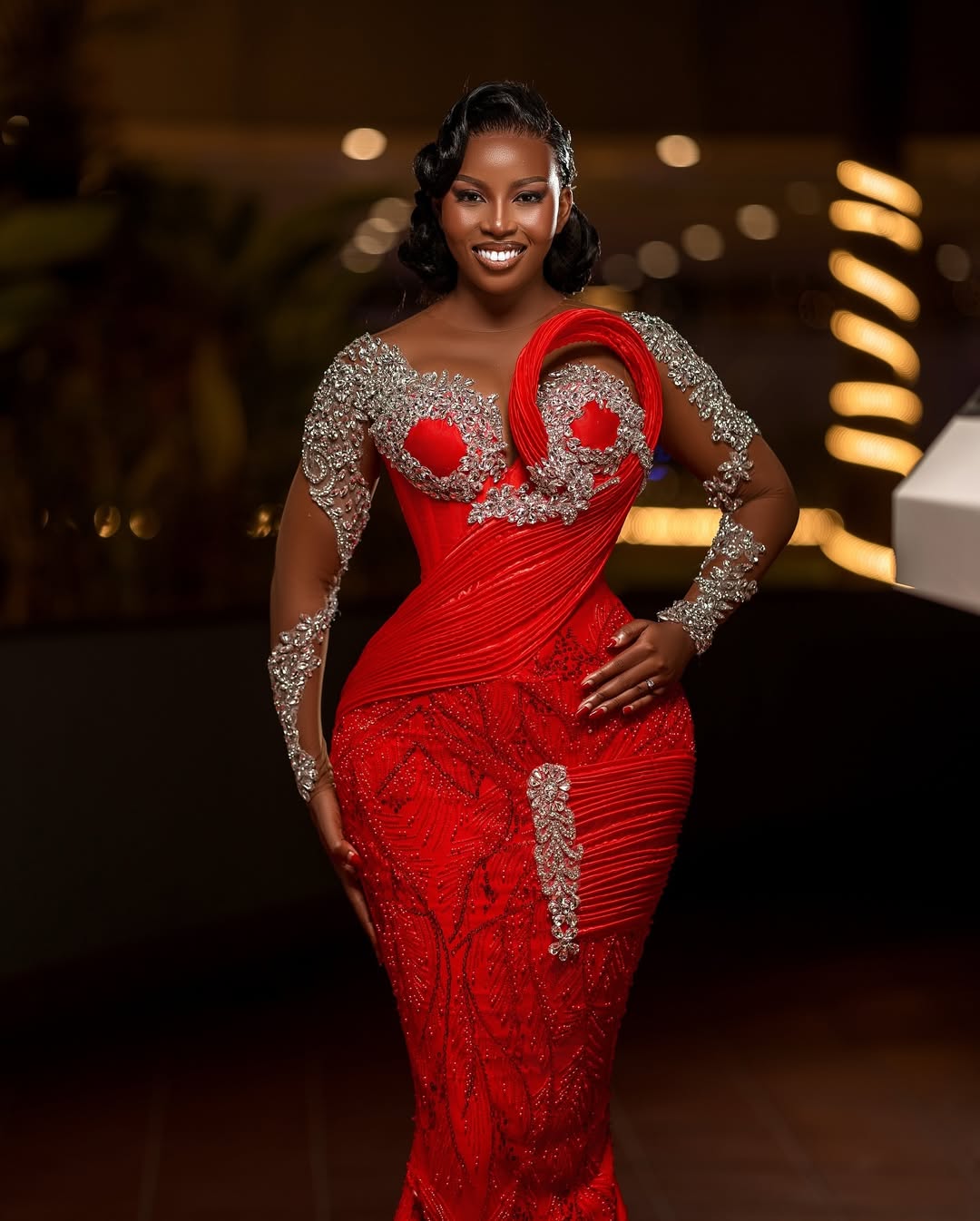 Mermaid Red Plus Size Prom Dress 2025 Evening Dresses For Special Occasions Sheer Neck Beaded Lace Illusion Long Sleeves Birthday Second Reception Gow