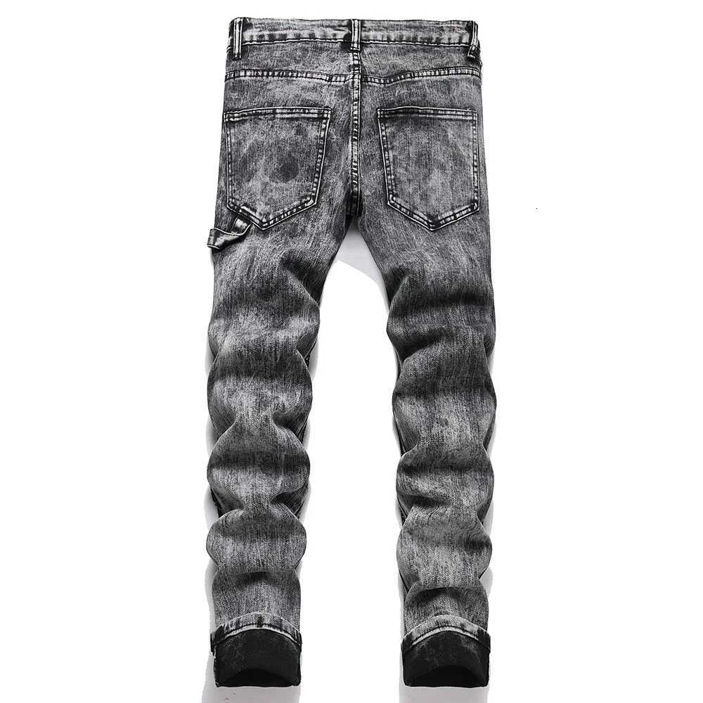 Men Crystal Patch Denim Jeans Streetwear Slim Straight Pants Gray Black Stretch Cotton Trousers X250812