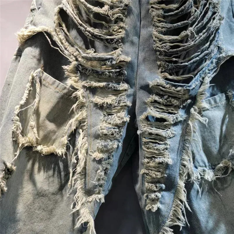 Women Worn Out Fringed Rough Edged Short Denim Jacket Tassels Cow Coat Haren Pants Wide Legs Jeans Spring Autumn 2Pcs Set 250808