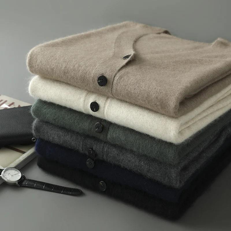 Autumn Winter 100% Mink Cashmere Cardigan Mens V-Neck Tops Knitted Sweater Loose Large Long Sleeved Shirt Thickening Jacket 250806
