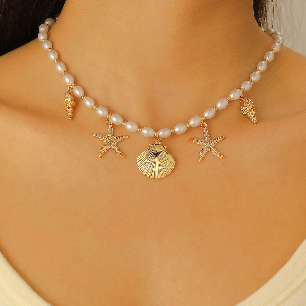 Bohemian Ocean Imitation Pearl Beaded Shell Conch Starfish Necklace for Women Beach Vacation Accessories