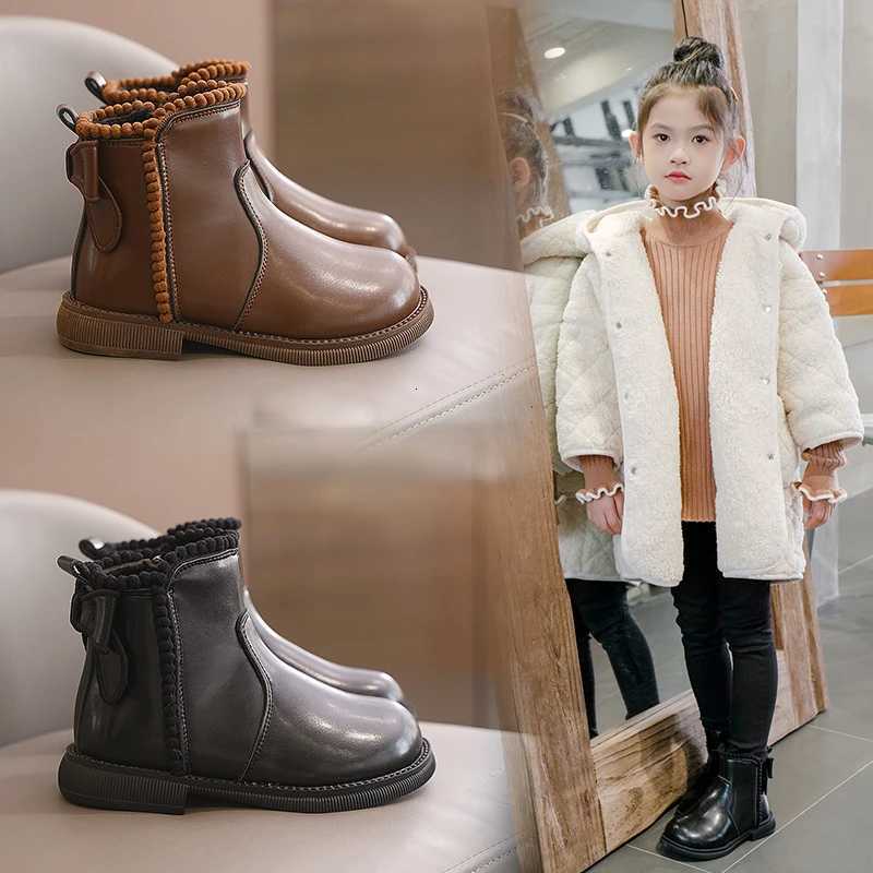 2024 New Girls Chelsea Leather Boots Round Head Anti-Slip Children Ankle Boots with Sweet Bow Girls Short Boots with Side Zip XJ250812