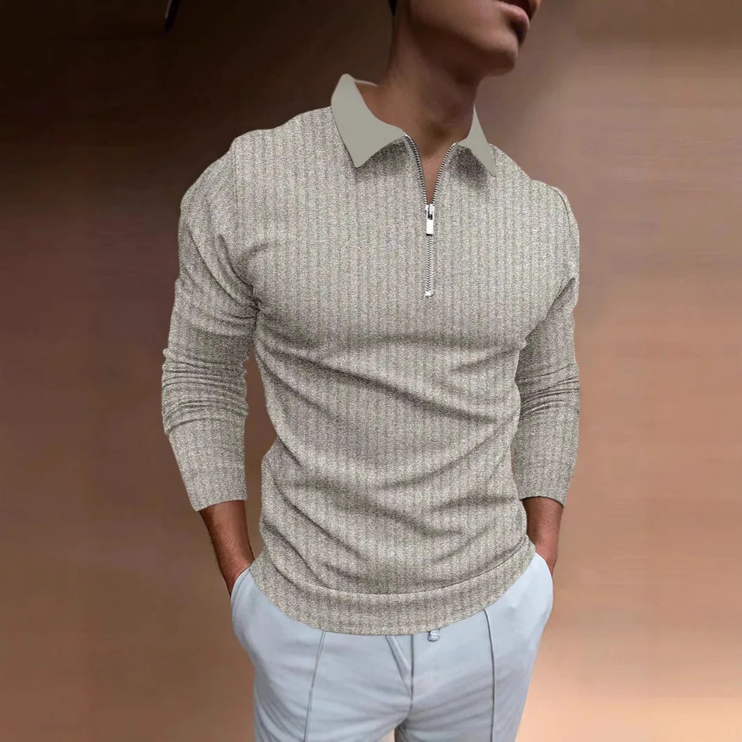 Mens Polo Shirt with Collar Stripes Long Sleeves and Zipper 250811