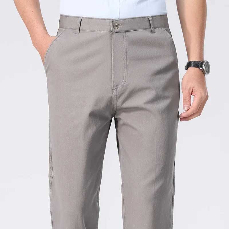 New Cotton Suit Pants Men Business Casual Clothing Classic Straight Loose High Waist Elastic Dress Trousers Male Brand Clothes W250812