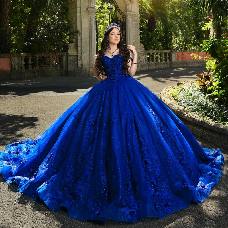 Royal Blue Shiny Quinceanera Dresses Off The Shoulder Applique Flower Beads Tull Party Birthday Ball Gown Vestidos De 15 Anos Sweet 16 Dress