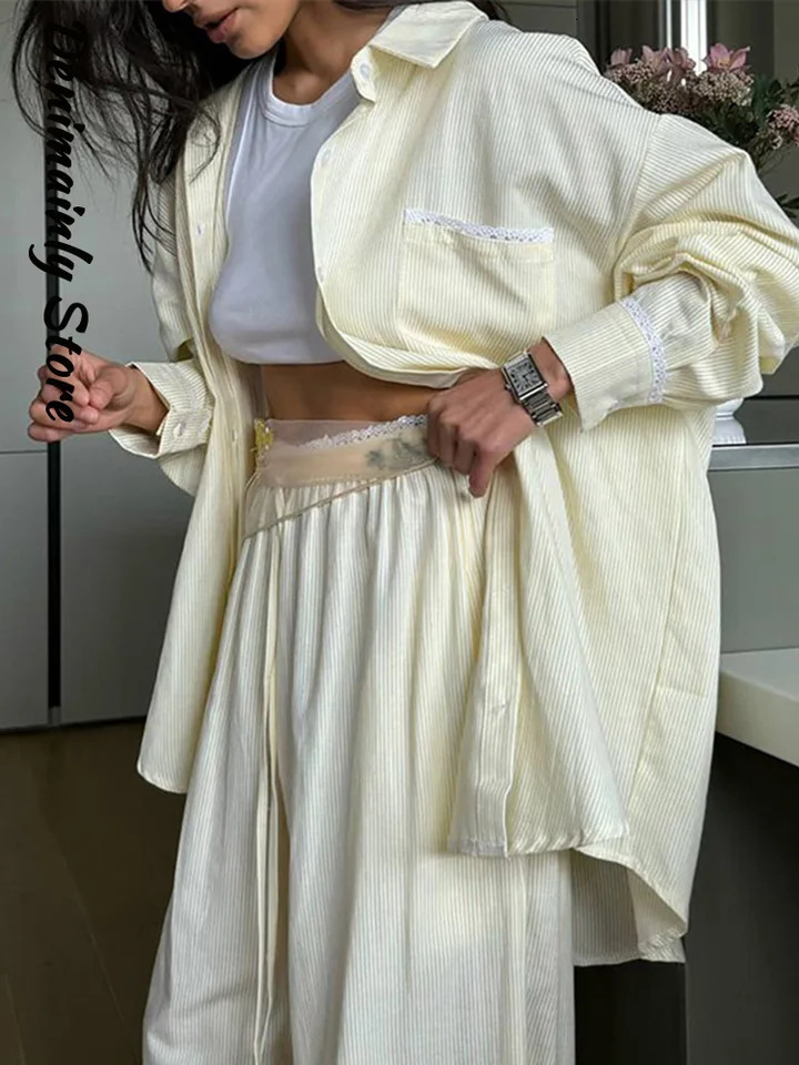 Casual Striped Lace Patchwork Pants Set Women Shoulder Down Long Sleeve Shirt Tie Up Trousers 2025 Summer Chic Lady 2 Piece Set 250811