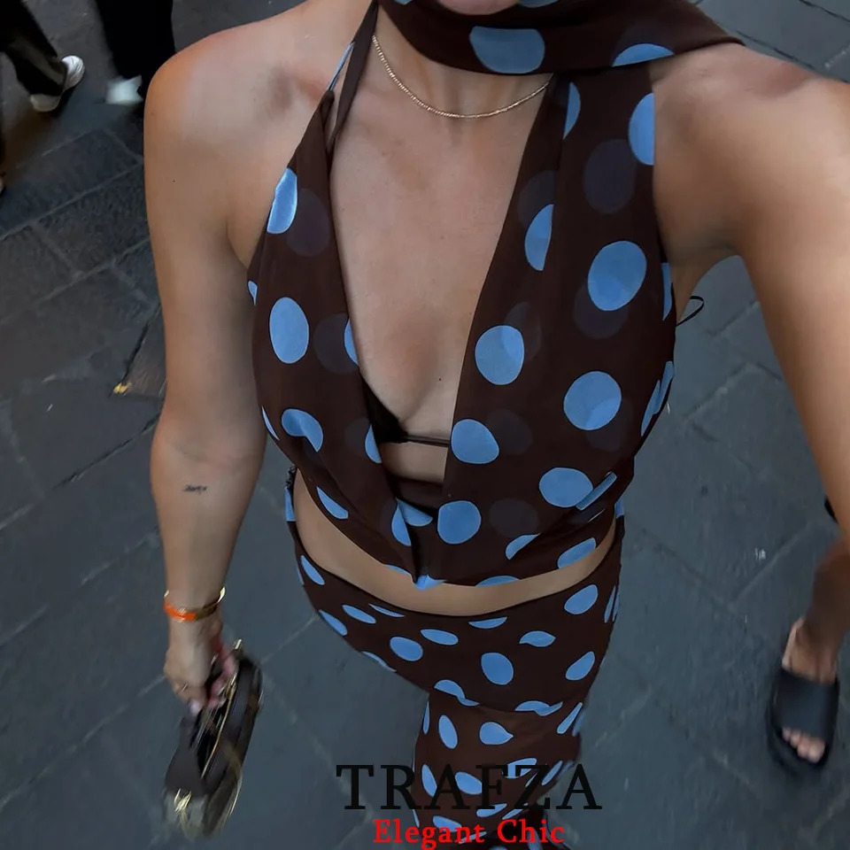 TRAFZA Women Sexy Polka Dot Set V-neck Halter Top Asymmetrical Skirt Spring Summer Fashion Holiday Party Mujer Suit 250811