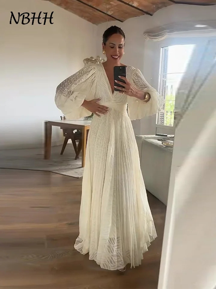 Elegant Pleated Long Dress Women V-neck Bubble Sleeve Backless Lace Up Slim Waist Dresses Autumn Lady Holiday Party Robe 250805