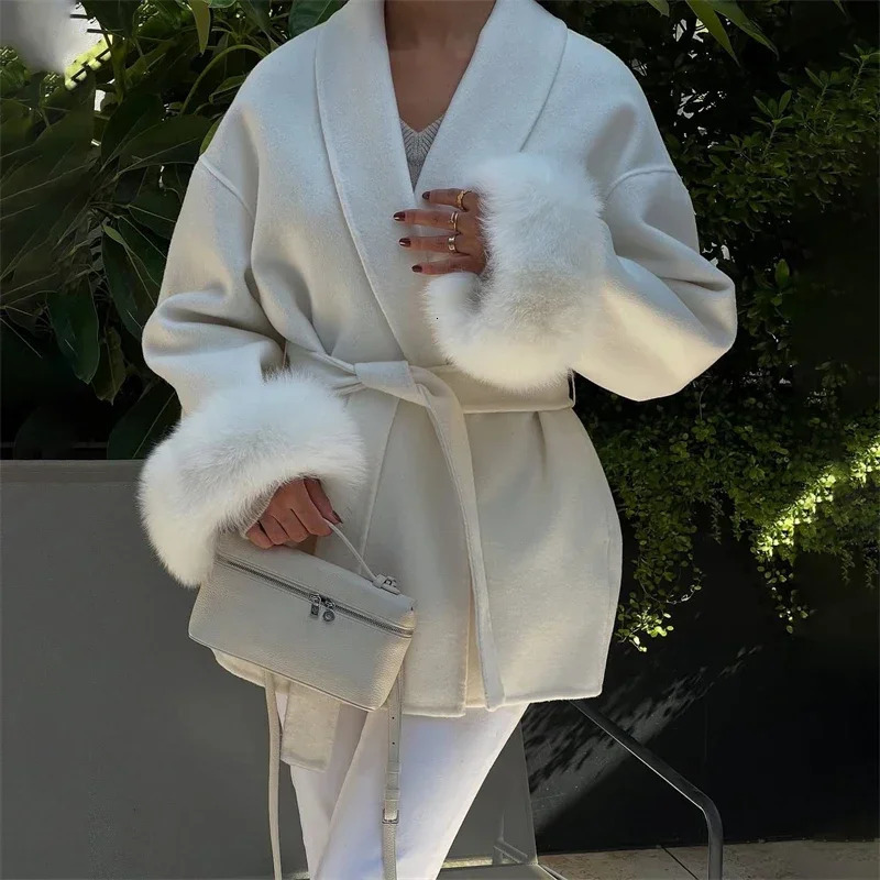 TARUXY Fox Fur Woolen Coats Womens Short Coat Office Lady Removable Elegant Double-sided Wool Overcoat Cardigan Jacket 250805