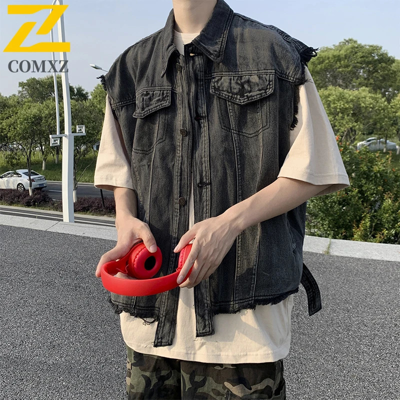 Denim Gilet Male 2025 Autumn Smoke Gray Oversized Workwear Waistcoat Retro Sleeveless Casual Street Fashion Vests 250805