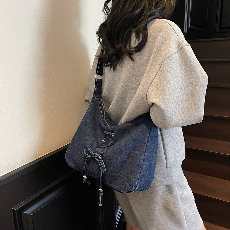 Hot Girl Tie Rope Bowknot Denim Handheld Underarm Single Shoulder Crescent Bag High-end Versatile