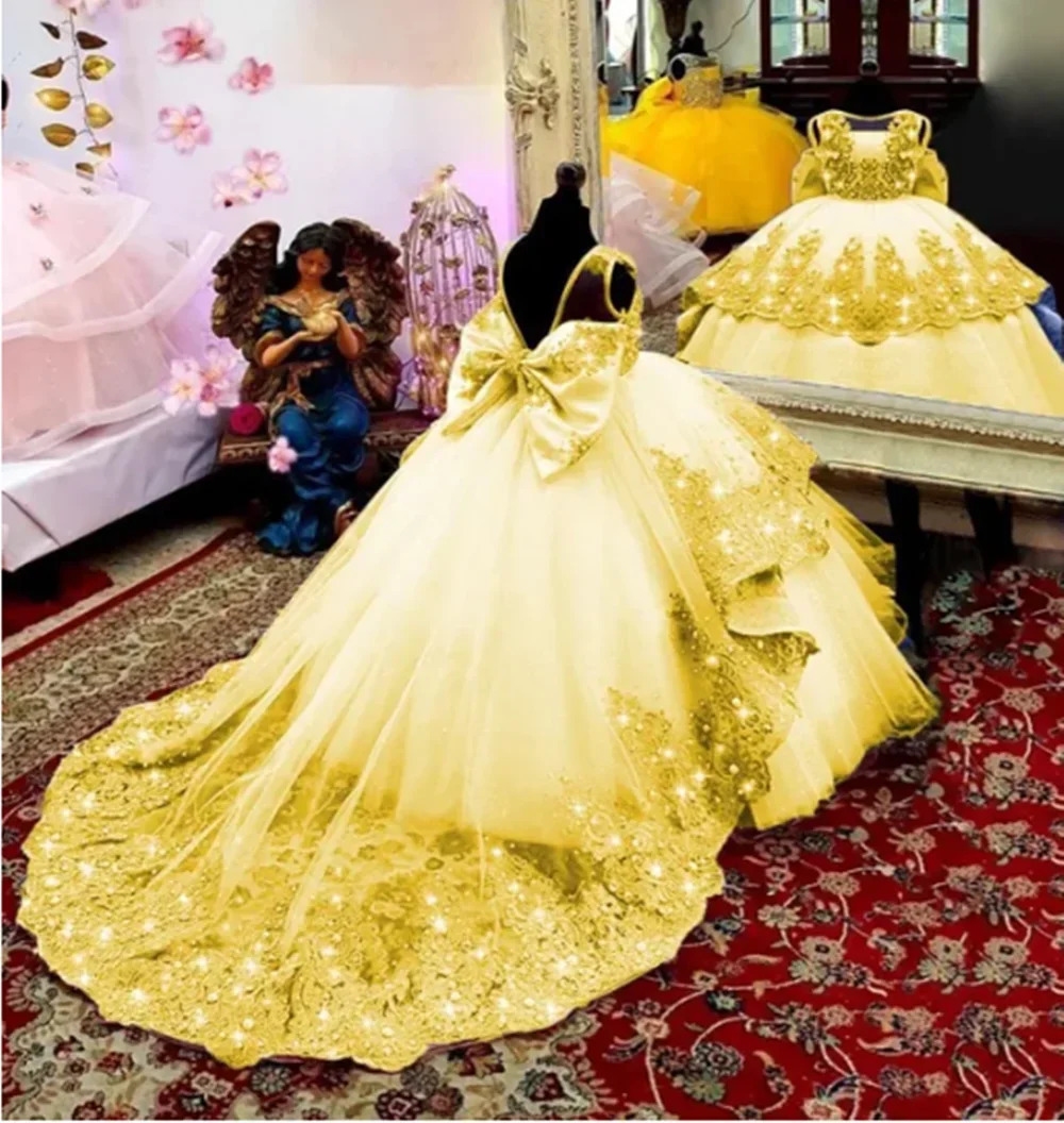 Customized Flower Girl Dress for Wedding Suspenders with Bow Satin Ball Gown Kids Birthday First Communion Party Dress 250811