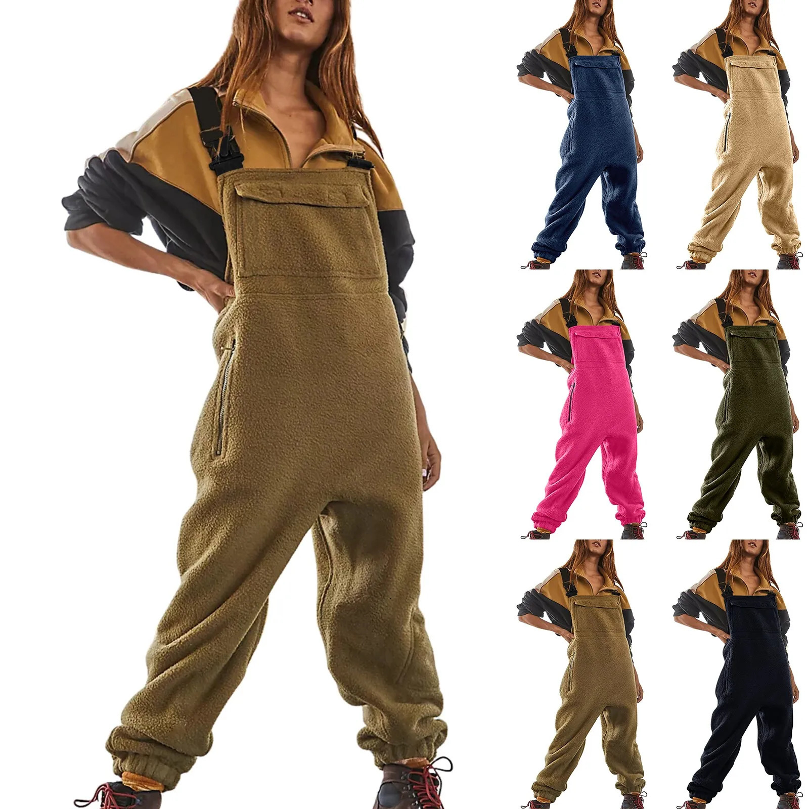 Womens Fleece Overalls OnePiece Bibs Jumpsuits Adjustable Suspender Straps Loose Fall Winter Warm Fuzzy Ski Pants 250731