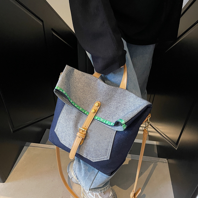Denim for Women New Color-Block Fashion Versatile Shoulder Large Capacity Commuter Crossbody Tote Bag