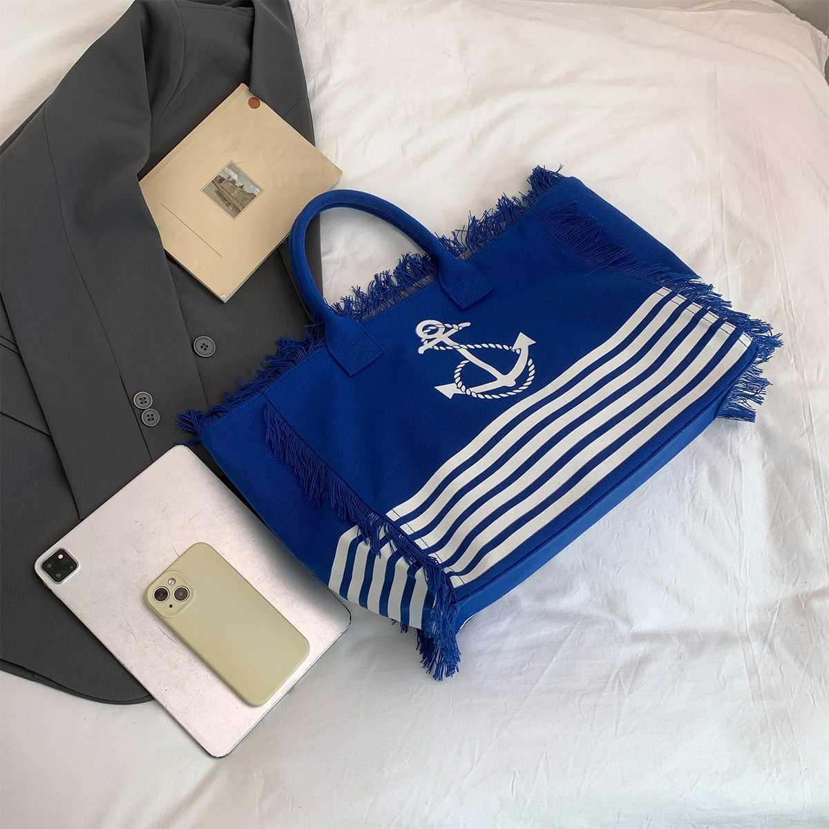 Womens Nautical Tote Bag Anchor Print Striped Design Fringe Trim Large Capacity Open Top Shoulder Bag Lightweight Polyester Z250812