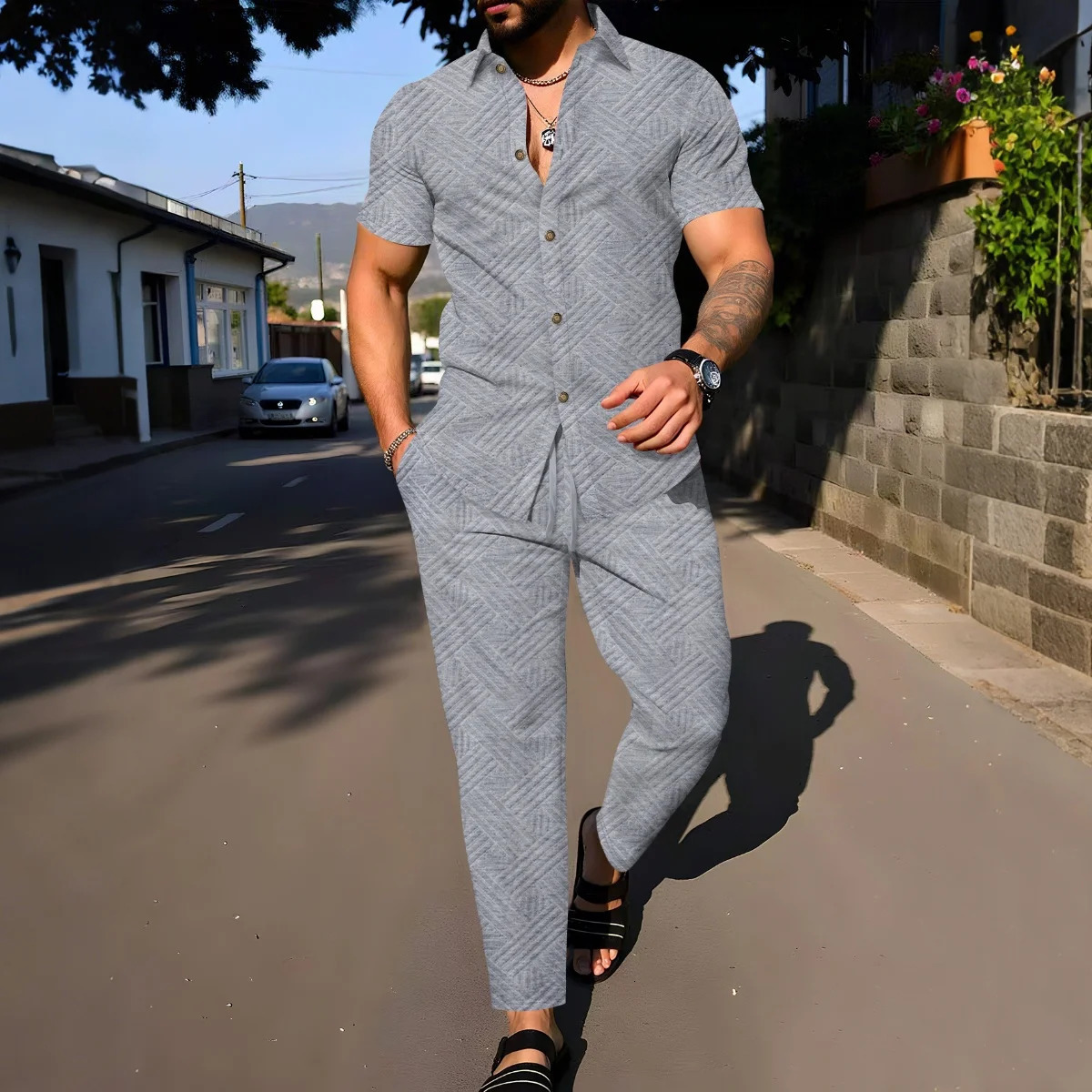 2025 Summer Mens Solid Color Jacquard Polo Two-Piece Set - Short-Sleeve Shirt Long Pants - Outdoor Stylish Suit for Men 250811