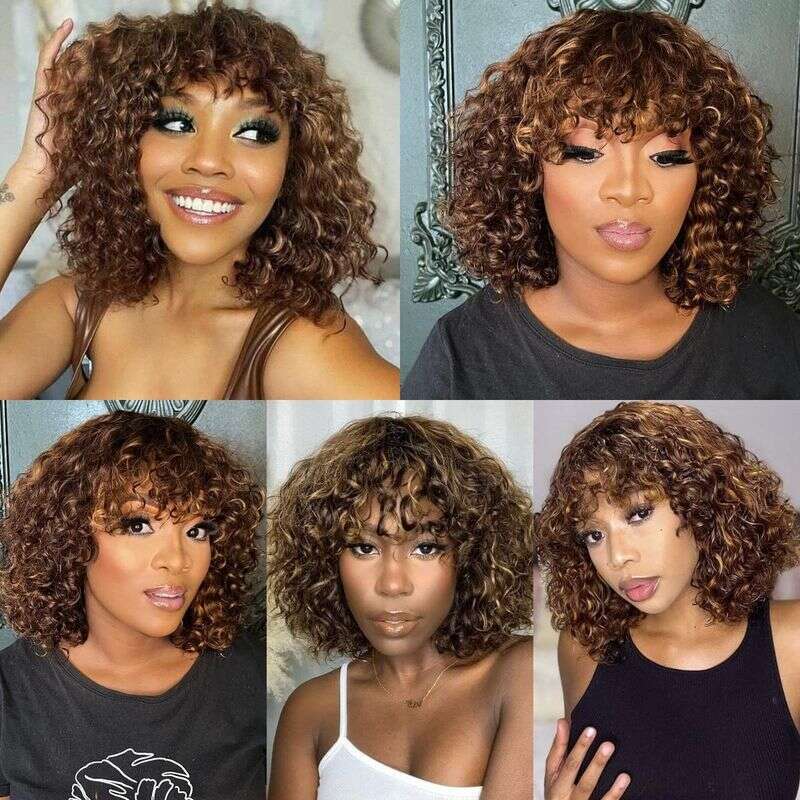 14 Inch Water Ripple Hine-Made With Bangs 180% Density Glue-Free Lace Rose Mesh Human Hair Curly Wig Head Cover For Women