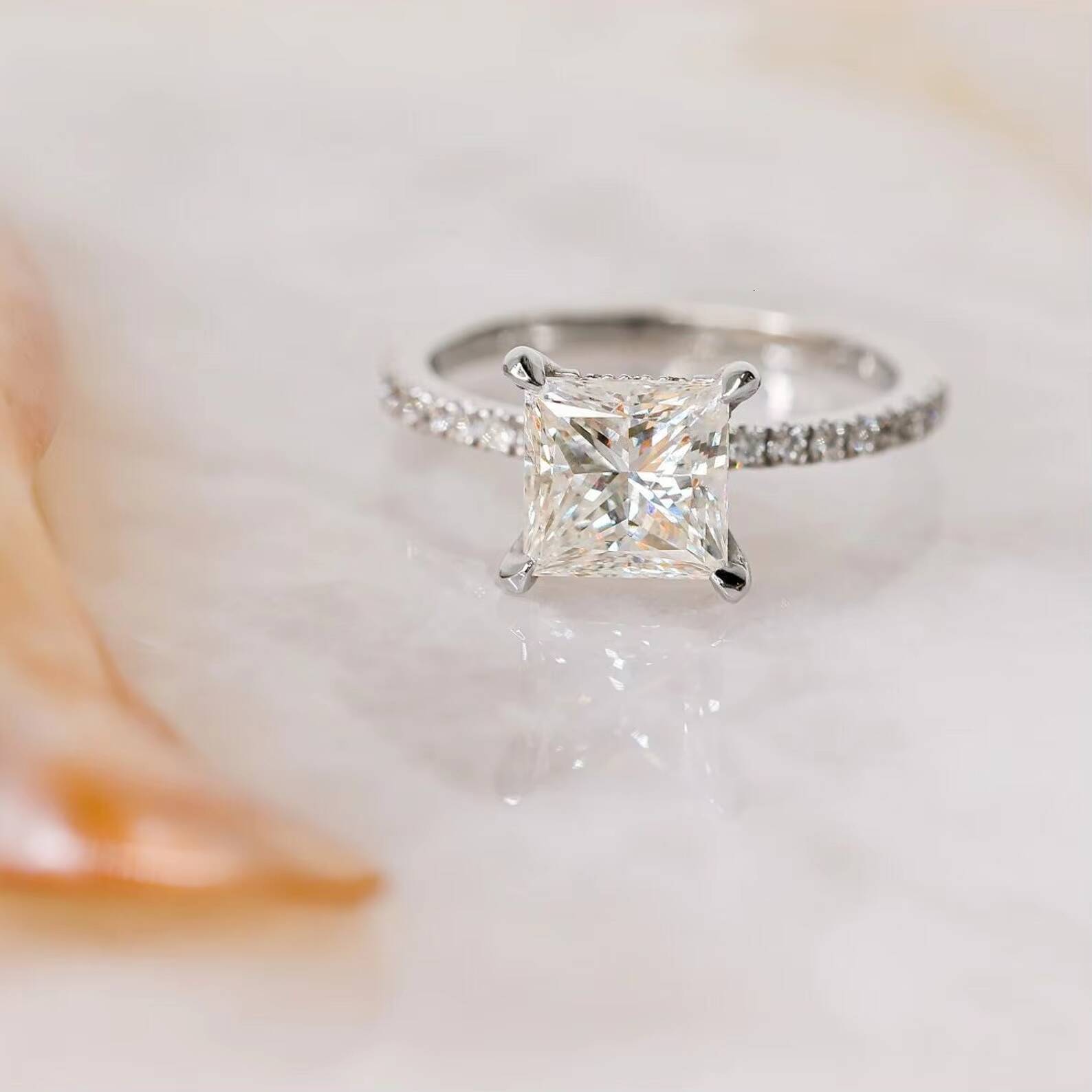 Romantic Iced 10K Solid White Gold Four-Prong Designer Ring Hidden Halo Moissanite Half Eternity Promise for Engagement Party