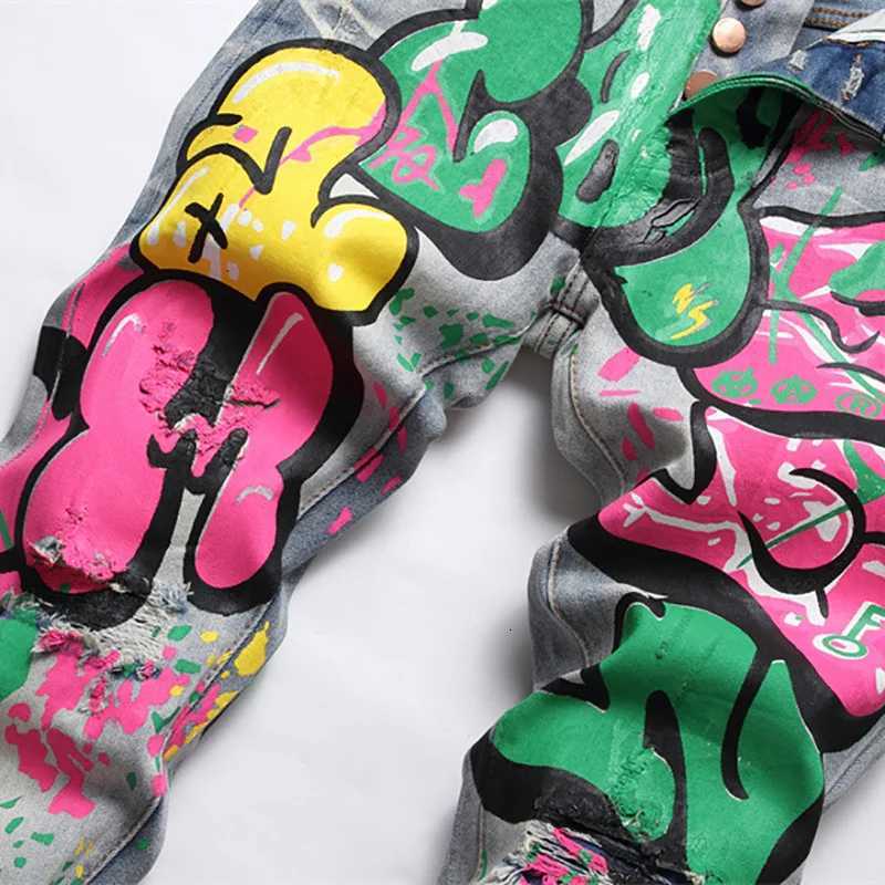 Men Colored Doodle Painted Denim Jeans Streetwear Punk Stretch Denim Print Pants Buttons Fly Holes Ripped Slim Pencil Trousers X250812