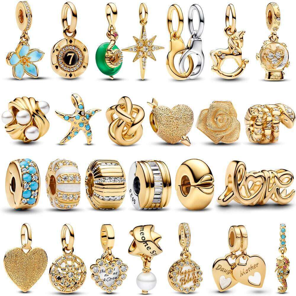 2025 New summer Gorgeous Sterling Silver Stones & Enamel Clip Beads & Seahorse Dangle Charm Fits Bracelet For Women Gold Necklace Pendant