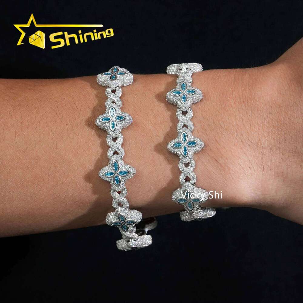 Popular Blue Color Clover Chain Fine Jewelry Custom Iced Out Sier Men Cuban Link Moissanite Necklace