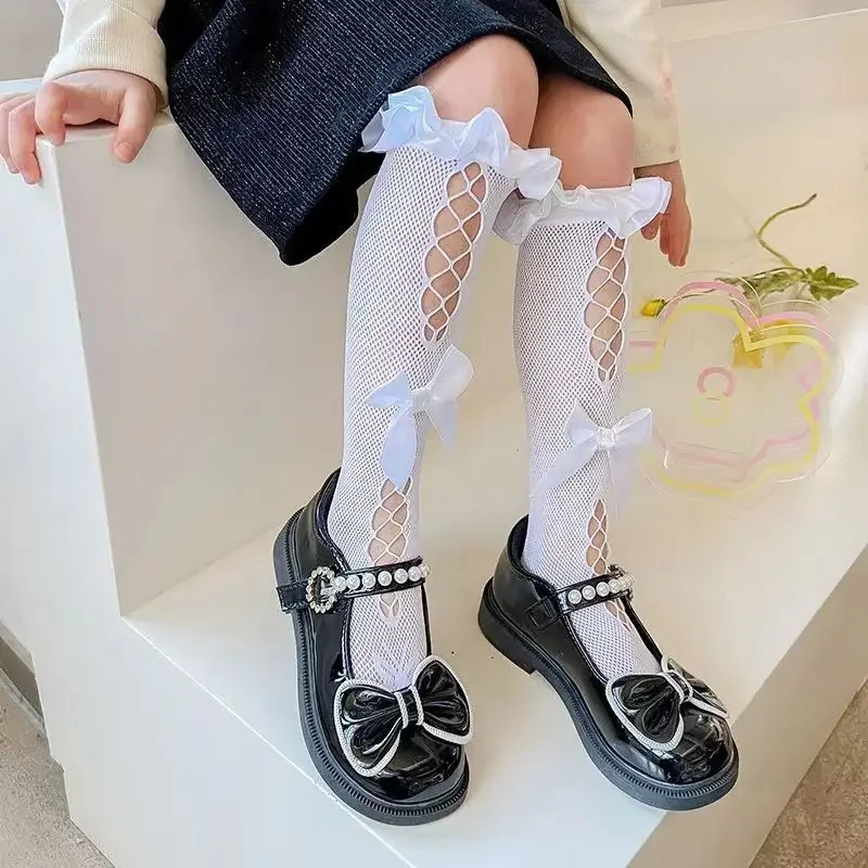 Childrens Road Lolita Calf Socks Girl Baby Cute Bow Fishing Net Hollowed Out Stockings Japanese JK Sweet Lace Ear Edge Hosiery 250812