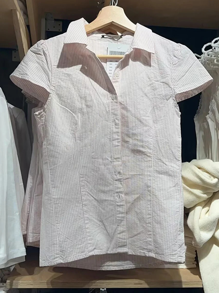 Pink Striped Slim Short Sleeve Blouse Women Summer Turndown Collar Single Breasted Blouses Chic Preppy Style Sweet Shirt Top 250806