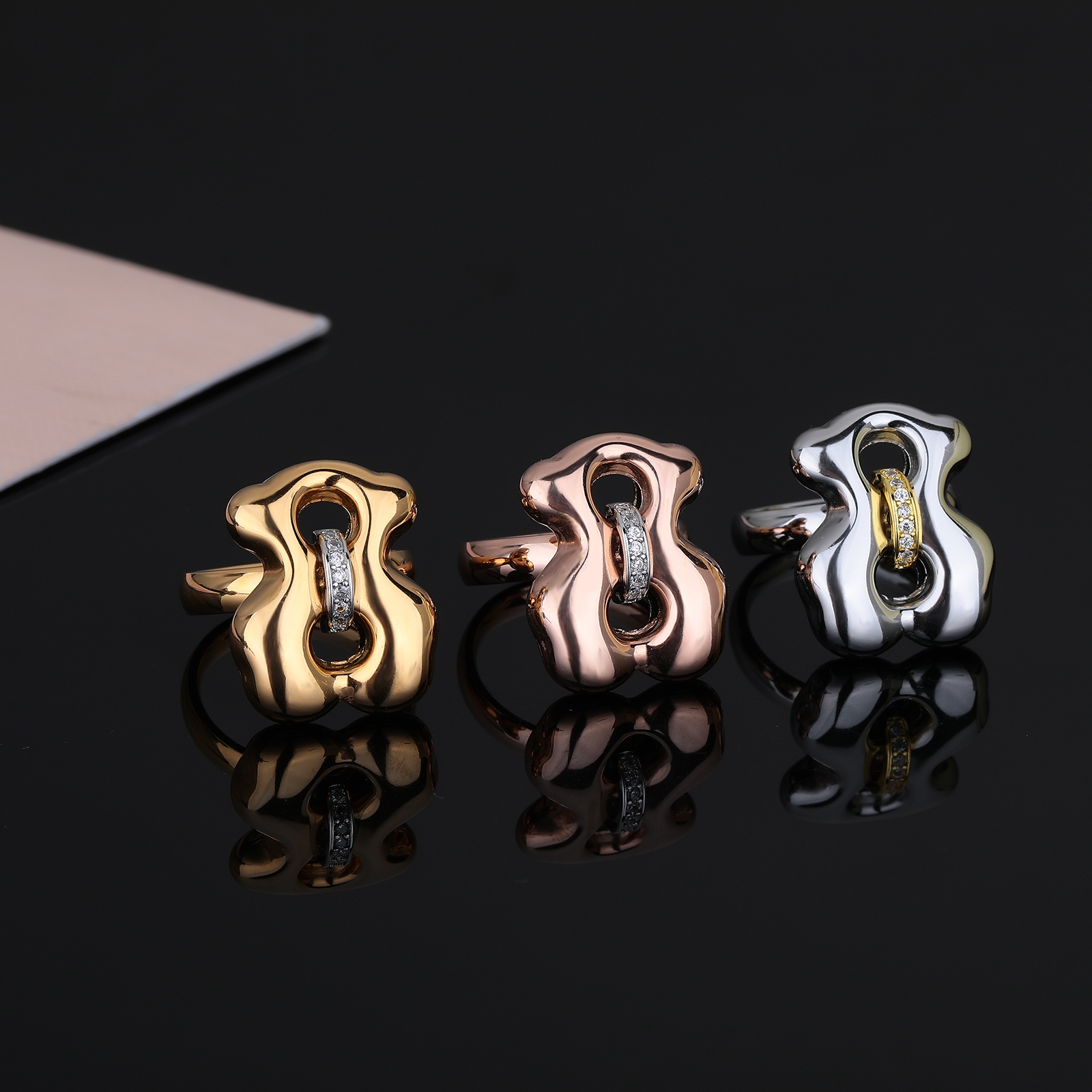 New Arrival Fashion Women Men Bear Silver Rose Gold Stainless Steel White Zircon Cartoon Animal Square Span Rings Jewelry A Gift
