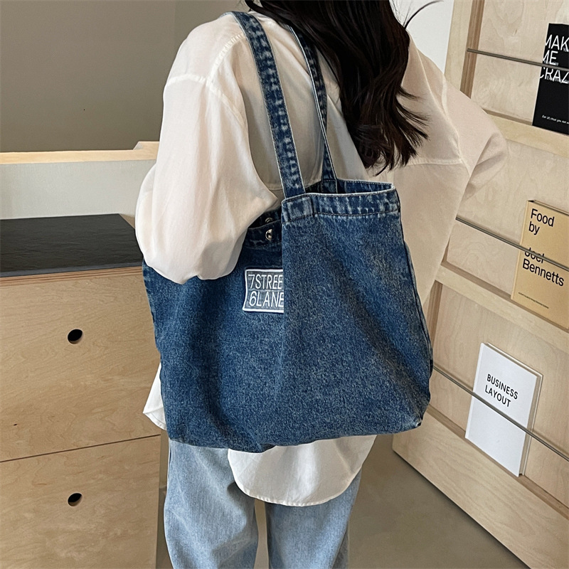 Korean Version Dongdaemun Large Capacity Tote Denim New High-end Embroidered Letter Shoulder Bag Trendy