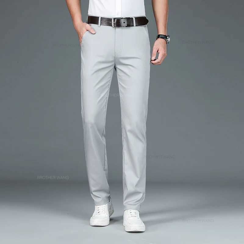 Bamboo Fiber Fabric Mens Casual Pants Summer New Ultra-thin Elastic Soft Straight Business Trousers Classic Black Khaki Gray W250812