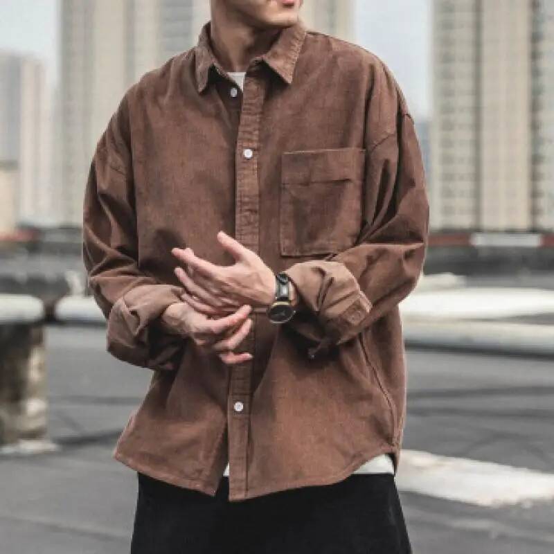 Black/coffee/gray Corduroy Men's Fashion Retro Pocket Casual Shirt Men Autumn Korean Loose Long-Sleeved Shirts Mens M-2Xl ddmymarket