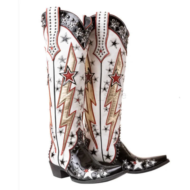 White Western Boots Ethnic Retro Knights Boots Fashion Five-pointed Star Cowgirl Boots M250812