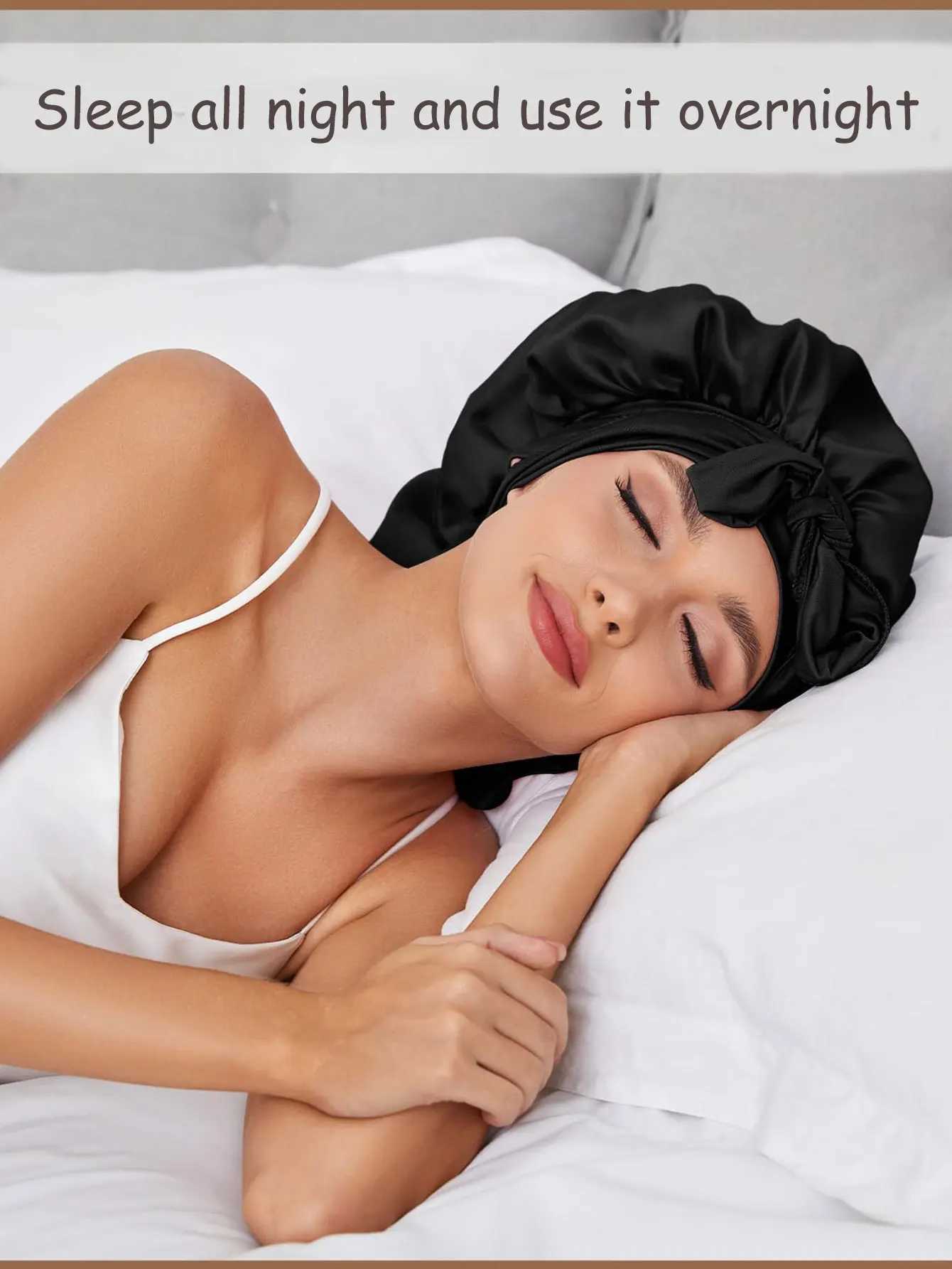 Long Satin Bow Nightcap Satin Lining with Elastic Band Womens Adjustable Long Braided Hat Suitable for Curly Hair and Round Face XJ250812