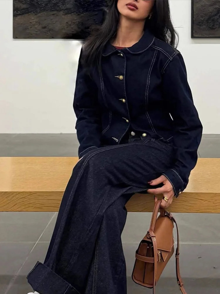Fashion Denim Coat Pant Women Set Vintage Lapel Button Long Sleeve Jacket Wide Leg Pants Female Suit 2025 Spring Lady Outfit 250808