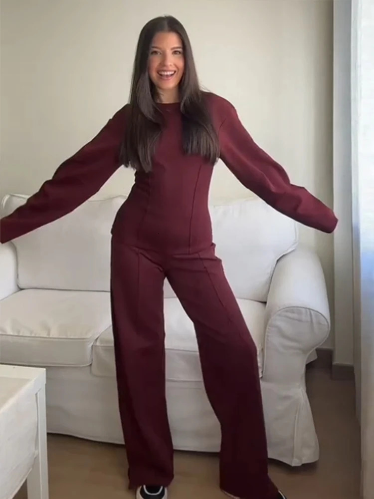 Women Pants Sets Elegant O-neck Long Sleeve Sweatshirt Elastic Waist Straight Pants Suit Spring Autumn Lady Sportwears 250805