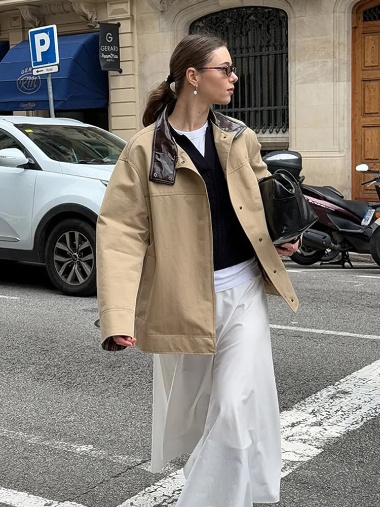 Retro PU Leather Collar Jacket Women Casual Loose Khaki Patchwork Stand Collar Button Trench Jackets Chic Versatile Streetwear 250811