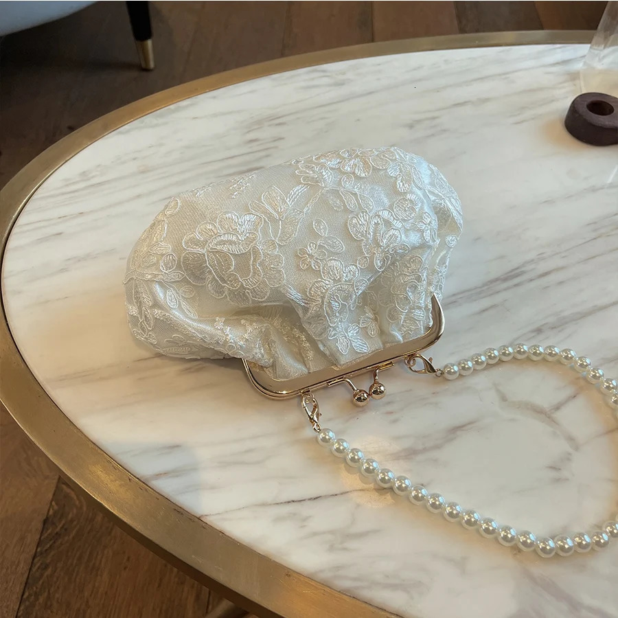 Embroidered Evening Handbags Pearl Chain Shoulder Bag All-Match Clip Dinner Party Clutch Purse Women Messenger Bags White 250809