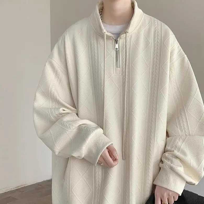 American Retro Zip-Up Collar Jacquard Sweatshirt Mens Winter Plush Oversized Couple Coat Y250811