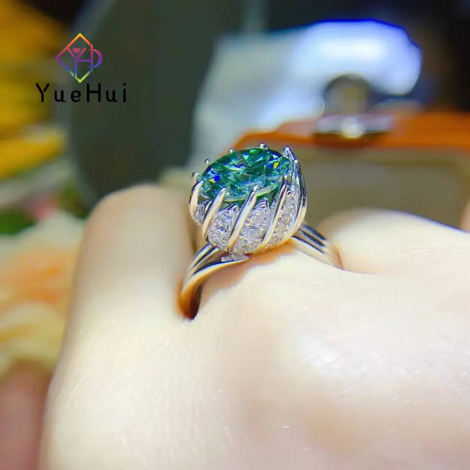 Flower Design Round Cut Vvs d Color Moissanite Ring Pass Diamond Tester 925 Sterling Sliver Luxury Green Moissanite Ring