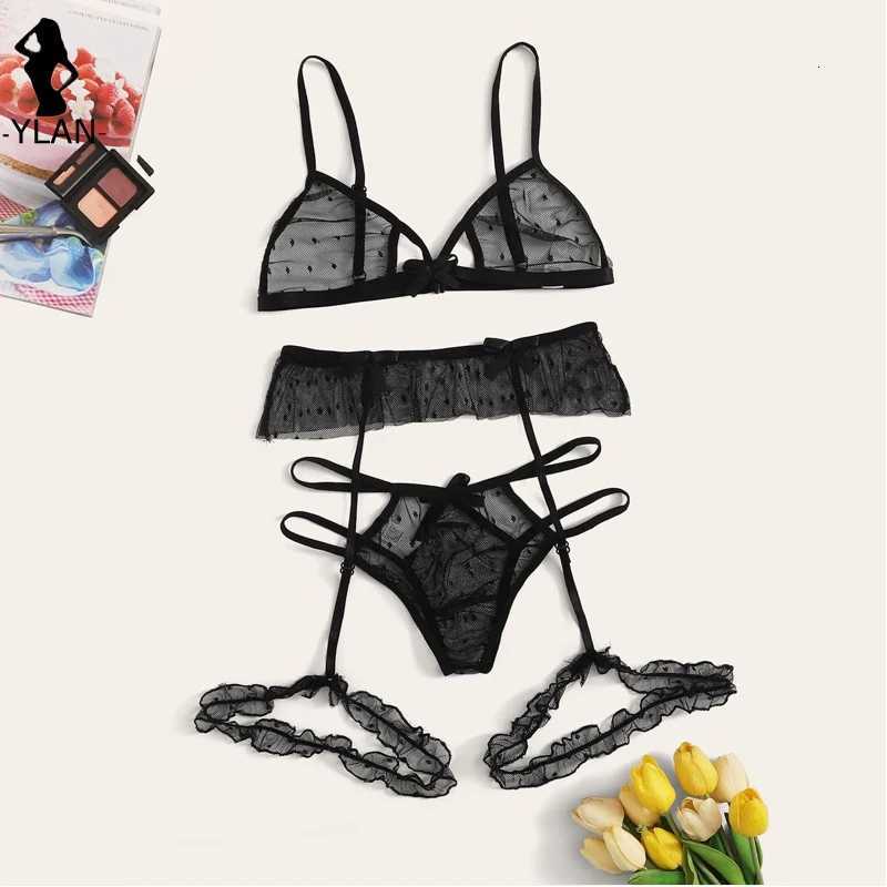 Bra set Women Sexy Mesh Lingerie Set Polka Dot Transparent Harness Lingerie Hollow Out Bralette+Garter+Thong 3pcs Underwear SetXJ250812