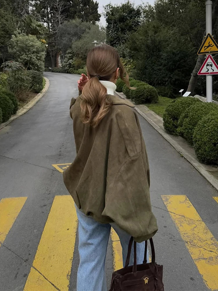 Women Fashion Green Suede Leather Short Jacket Oversized Zipper Long Sleeve Pockets Bomber Coat Lady Motorcycle Outwear 2025 250811