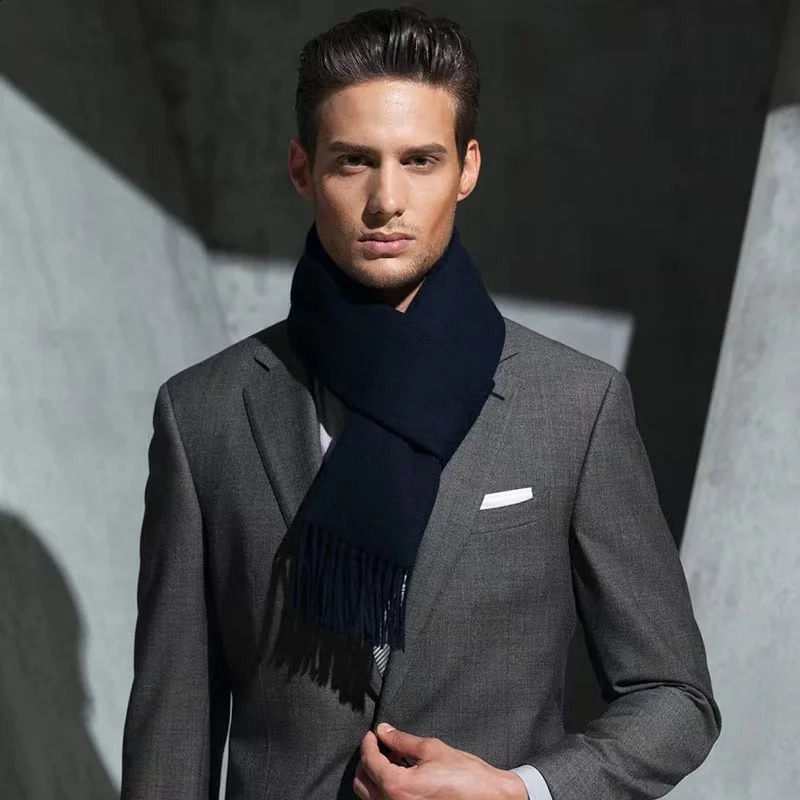 High Quality 100% Wool Scarf Men Women Solid Color Tassel Autumn Winter Business Versatile Classic Warm Soft Muffler Couples 250812