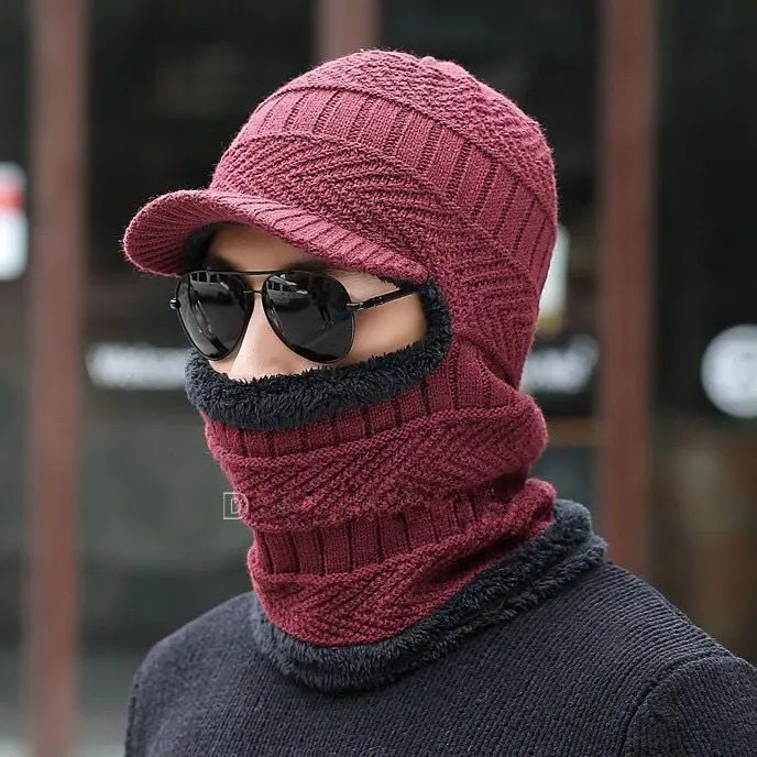 Knitted Visor Winter Hat Thicken Warm Earmuffs Skullies Beanies for Men Women Wool Scarf Caps Cycling Ski Mask Balaclava Bonnet 250808