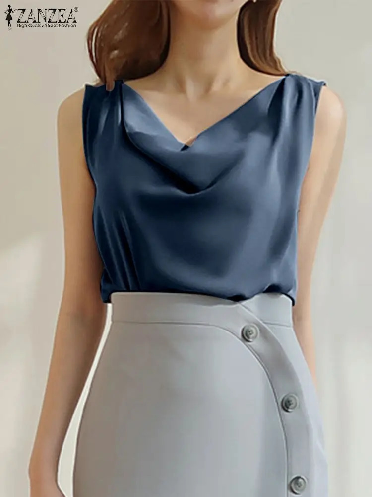 ZANZEA 2025 Elegant Korean Tank Satin Silk Solid Color Sleeveless Tops Fashion Sexy Office Lady Cowl Neck Camisole 250804