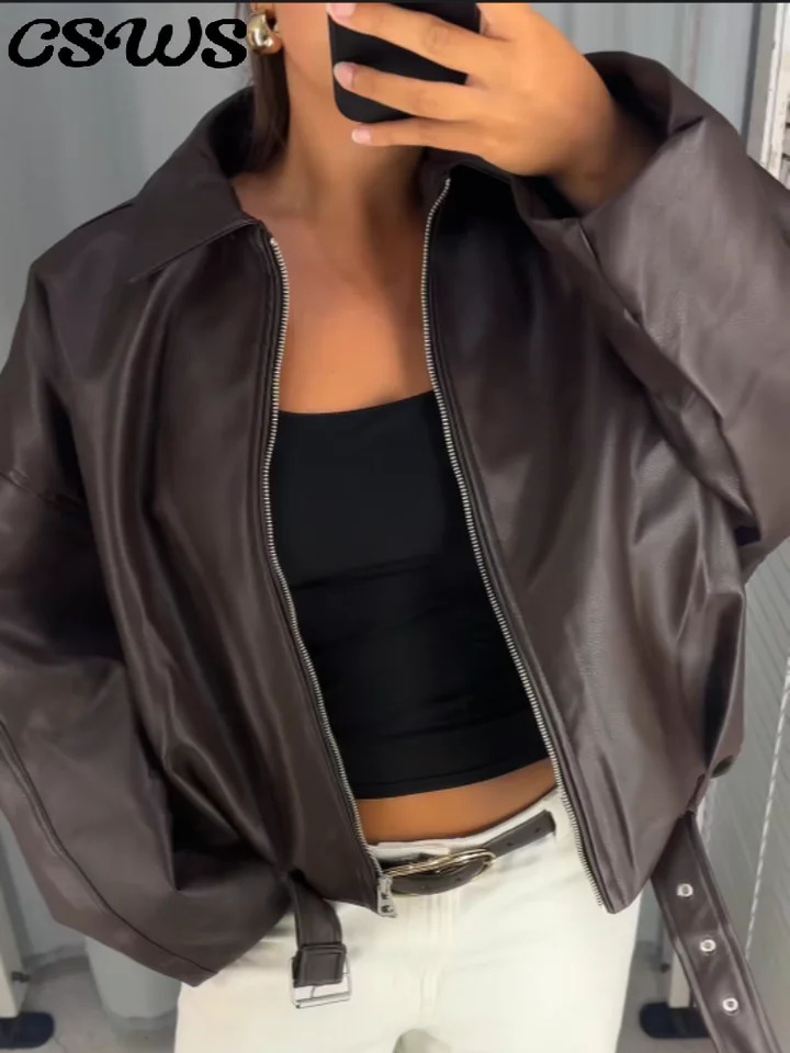 Elegant Pu Zipper Jacket with Belt Women Long Sleeve Lapel Loose Pockets All-match Jacket 2025 Autumn Leather Street Coat Lady 250811