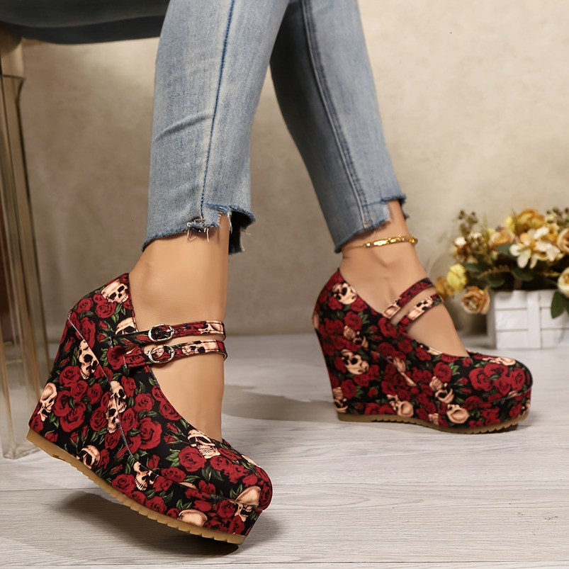 Graceful Ladies Wedge High Heels with Rose Print Glitter Embellishments - Comfortable and Stain-Resistant All-Season Platform Shoes