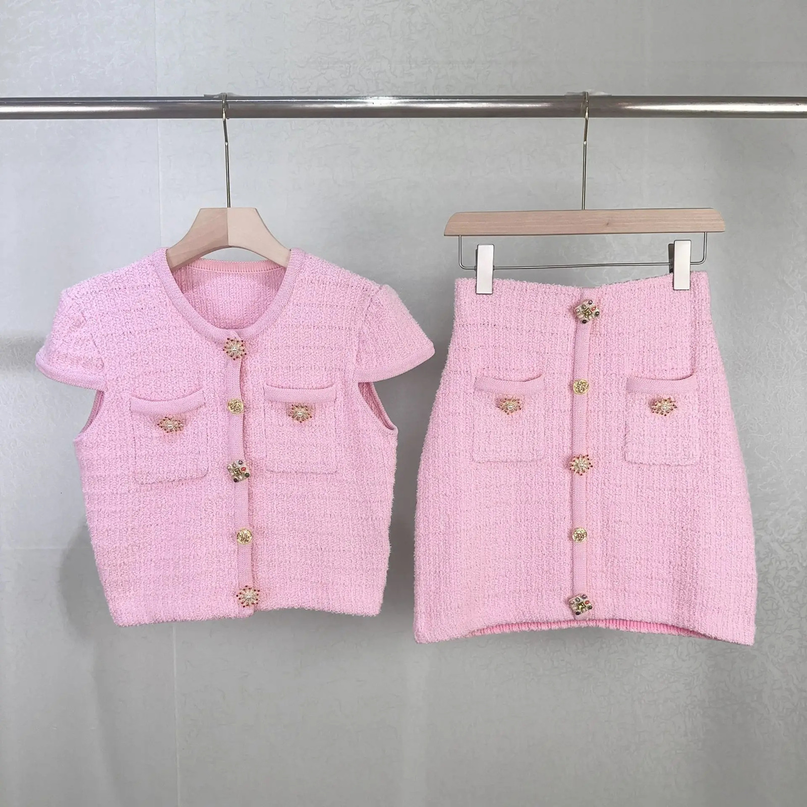 Quality Summer Autumn Diamond Knitted Two Piece Women Set Sweater Short Skirts 2pcs Outfits 250811