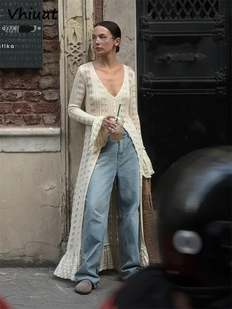 Vhiuat Knitted Long Sleeve Casual Beach Party Long Flare Dresses For Women Chic Slim Hollow Out Beach Holiday Dress Autumn 250805